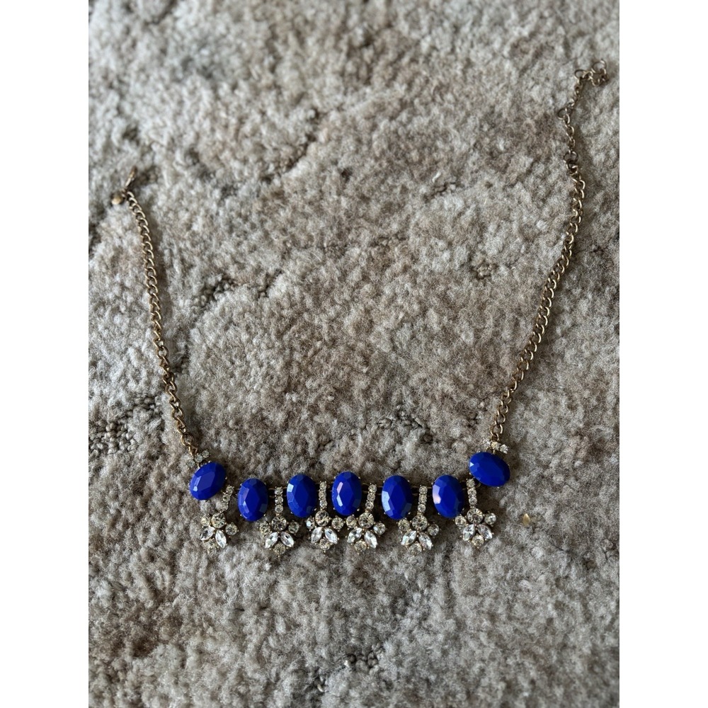J. Crew Blue Cabochon & Crystal Cluster Statement Necklace Gold Tone Bib 20"